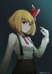  1girl absurdres bangs blonde_hair bow breasts commentary_request fei_mao grey_background hair_bow highres long_sleeves looking_at_viewer official_art pale_skin red_eyes red_neckwear rumia shirt short_hair simple_background small_breasts solo suspenders touhou white_shirt 
