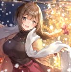 1girl :d ahoge backlighting bangs belt belt_buckle black_sweater blurry blurry_background blush bow braid breasts brown_coat brown_eyes brown_hair buckle coat commentary_request depth_of_field eyebrows_visible_through_hair hair_bow highres idolmaster idolmaster_shiny_colors jewelry kuwayama_chiyuki large_breasts long_hair long_sleeves looking_at_viewer matsusatoru_kouji necklace open_clothes open_coat open_mouth outdoors pendant red_bow scarf single_braid smile snowing solo sweater upper_body white_scarf 