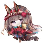  1girl :3 animal_ears bangs black_footwear black_legwear boots brown_hair character_request chibi closed_mouth commentary_request cottontailtokki flower full_body hair_flower hair_ornament headpiece holding holding_mask long_hair long_sleeves mask mask_removed pleated_skirt purple_skirt red_flower red_shirt shadowverse shirt simple_background skirt sleeves_past_wrists solo standing standing_on_one_leg thigh-highs thigh_boots very_long_hair violet_eyes white_background wide_sleeves 