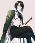  1boy black_hair blue_eyes blue_nails bob_cut cape highres lips long_sleeves looking_at_viewer male_focus muzai_gou puffy_long_sleeves puffy_sleeves sheath sheathed simple_background sitting smile sword touken_ranbu weapon yamada_chickenko 