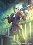  1boy abs axe belt blue_eyes blue_hair boots caspar_von_bergliez fingerless_gloves fire_emblem fire_emblem:_three_houses fire_emblem_cipher gloves hata_(pixiv4102938) official_art polearm shield solo spear teeth weapon window 