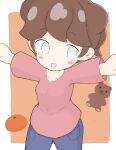  1girl :d absurdres bangs blue_pants blush_stickers breasts brown_background brown_hair commentary_request copyright_request cowboy_shot eyebrows_visible_through_hair food fruit grey_eyes highres mandarin_orange outstretched_arms pants pink_shirt rururu_(pyrk8855) shirt small_breasts smile solo spread_arms stuffed_animal stuffed_toy teddy_bear two-tone_background white_background 