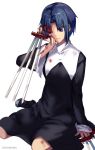  1girl black_keys bleeding blood blood_on_face bloody_clothes blue_eyes blue_hair breasts ciel collar dress holding holding_sword holding_weapon long_sleeves medium_breasts melty_blood nun seiza short_hair sitting solo sword tsukihime weapon zeromomo 