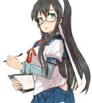  1girl alchera black_hair breasts clipboard cowboy_shot from_side glasses green_eyes hairband hip_vent kantai_collection long_hair looking_at_viewer medium_breasts ooyodo_(kantai_collection) open_mouth pen_(medium) school_uniform semi-rimless_eyewear serafuku solo under-rim_eyewear white_background white_hairband 