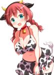 1girl alternate_costume animal_costume animal_ears animal_print bangs bare_shoulders bell bell_collar blue_eyes blush braid breasts brown_hair collar cow_bell cow_costume cow_ears cow_girl cow_horns cow_print cow_tail emma_verde eyebrows_visible_through_hair freckles hair_between_eyes horns large_breasts looking_at_viewer love_live! love_live!_school_idol_festival_all_stars miniskirt navel open_mouth rabipan skirt solo standing tail twin_braids white_background 