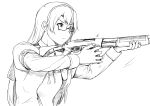  1girl benelli_m3 from_side greyscale gun highres kantai_collection long_hair monochrome ooyodo_(kantai_collection) pen_(medium) reloading semi-rimless_eyewear shotgun shotgun_shells sketch solo under-rim_eyewear upper_body vent_arbre weapon 