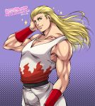  1boy andy_bogard blonde_hair blue_eyes fatal_fury flame_print hand_on_own_face highres long_hair looking_at_viewer miru_(mill_36) solo sparkle translation_request wristband 