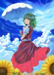  1girl ascot brown_eyes clouds cloudy_sky flower green_hair highres kazami_yuuka lennard_hirao long_skirt looking_at_viewer looking_back puffy_short_sleeves puffy_sleeves red_skirt red_vest shirt short_hair short_sleeves skirt skirt_set sky smile solo sunflower touhou umbrella vest white_shirt wind yellow_neckwear 