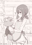  ! 1girl apron bangs blush closed_mouth cowboy_shot dress eyebrows_visible_through_hair hair_between_eyes hair_ornament hair_scrunchie holding holding_stuffed_animal indoors long_sleeves looking_away low_ponytail monochrome nonono_(mino) original panties ponytail price_tag scrunchie side-tie_panties slave-chan_(mino) solo stuffed_animal stuffed_toy teddy_bear underwear 