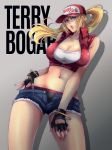  1girl baseball_cap blonde_hair blue_eyes breasts character_name denim denim_shorts fatal_fury fingerless_gloves genderswap gloves hat highres large_breasts miru_(mill_36) ponytail shorts snk_heroines:_tag_team_frenzy solo terry_bogard underwear_peek 