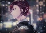  1boy black_jacket blurry brown_hair dated hattori_you highres jacket looking_to_the_side male_focus night outdoors profile snowing solo stand_my_heroes unhtt0 upper_body 