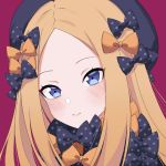  1girl abigail_williams_(fate/grand_order) alzcats bangs black_bow black_headwear blonde_hair blue_eyes blush bow commentary face fate/grand_order fate_(series) multiple_bows orange_bow parted_bangs pink_background polka_dot polka_dot_bow simple_background solo 