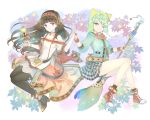  2girls absurdres animal_ears atelier_(series) atelier_shallie black_hair black_legwear broom dress fake_animal_ears fingerless_gloves flower gloves green_eyes green_hair grin hairband hands_together high_heels highres holding holding_bell holding_broom long_dress long_hair long_sleeves looking_at_viewer multiple_girls pantyhose parted_lips plaid plaid_skirt shallistera_(atelier) shallotte_elminus shoes short_hair skirt smile sneakers violet_eyes 