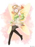  1girl black_footwear blonde_hair boots dress fairy_wings fire_emblem fire_emblem_heroes flower full_body gradient_hair hair_flower hair_ornament hairband highres multicolored_hair open_mouth orange_hair peony_(fire_emblem) pocklepockle25 pointy_ears short_dress sleeveless solo thigh-highs thigh_boots twintails twitter_username violet_eyes wings zettai_ryouiki 