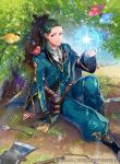  1boy arrow axe bird blue_eyes book boots fire_emblem fire_emblem:_three_houses fire_emblem_cipher green_hair leaf linhardt_von_hevring long_hair magic matsurika_youko official_art sitting solo sparkle tree 