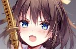  1girl bangs blush brown_hair commentary_request crying crying_with_eyes_open eyebrows_visible_through_hair female_saniwa_(touken_ranbu) grey_background hair_between_eyes holding holding_sheath katana long_hair looking_at_viewer mochizuki_shiina open_mouth portrait saniwa_(touken_ranbu) sheath sheathed solo sword tears touken_ranbu v-shaped_eyebrows weapon 