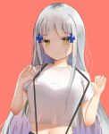  alternate_costume bangs blunt_bangs blush breasts closed_mouth commentary cross_hair_ornament english_commentary eyebrows_visible_through_hair girls_frontline green_eyes hair_ornament highres hk416_(girls_frontline) long_hair looking_at_viewer medium_breasts midriff navel red_background shirt short_sleeves silver_hair simple_background smile straight_hair striped suspenders upper_body vertical_stripes whin white_shirt 