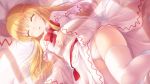  1girl :o ^_^ bangs blonde_hair blush bow bowtie closed_eyes commentary_request dress eyebrows_visible_through_hair fairy_wings fat_mons feet_out_of_frame hand_on_own_chest hat hat_removed headwear_removed highres lily_white long_hair long_sleeves lzh on_bed panties red_neckwear sash skindentation sleeping solo sunlight thigh-highs touhou underwear very_long_hair white_dress white_legwear wide_sleeves wings 