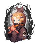  1girl abigail_williams_(fate/grand_order) artist_name bangs black_bow black_jacket blonde_hair blue_eyes bow commentary fate/grand_order fate_(series) hair_bow hair_bun heart highres jacket long_hair long_sleeves looking_at_viewer object_hug orange_bow parted_bangs polka_dot polka_dot_bow sleeves_past_fingers sleeves_past_wrists solo stuffed_animal stuffed_toy teddy_bear wxy 