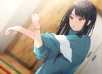  1girl aqua_jacket black_hair blurry blurry_background door grey_eyes hand_up indoors jacket jersey long_hair noda_shuha original school_uniform solo stretch track_jacket track_suit upper_body wristband zipper 