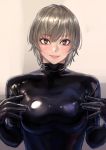  1girl bangs black_bodysuit black_eyes blush bodysuit breasts closed_mouth commentary_request eyebrows_visible_through_hair grey_hair hands_on_own_chest highres kilye_4421 latex_bodysuit looking_at_viewer medium_breasts original pink_lips shiny shiny_clothes skin_tight smile upper_body 