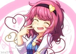  1girl :d alternate_costume bangs blush closed_eyes collarbone drawfag eyeball eyebrows_visible_through_hair hair_ornament hairband heart heart_hair_ornament heart_of_string komeiji_satori open_mouth pink_hair short_hair simple_background smile solo swept_bangs third_eye touhou v 