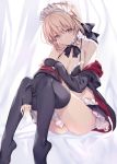  1girl artoria_pendragon_(all) bare_shoulders bikini black_legwear black_neckwear black_ribbon blonde_hair braid choker curtains fate/grand_order fate/stay_night fate_(series) french_braid frilled_bikini frilled_choker frilled_skirt frills hair_ribbon haishiki jacket maid_bikini maid_headdress off_shoulder ribbon saber_alter sitting skirt swimsuit thigh-highs yellow_eyes 