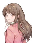  1girl bangs blush brown_eyes brown_hair closed_mouth collared_shirt eyebrows_behind_hair hair_ornament hairclip jacket long_hair looking_at_viewer looking_to_the_side original pink_jacket saino shirt simple_background smile solo upper_body white_background white_shirt 