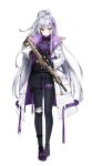  1girl ankkoyom commentary_request girls_frontline gloves gun highlights highres jacket long_hair long_jacket multicolored_hair original purple_hair rifle scope shoes sneakers solo violet_eyes weapon white_hair white_jacket 