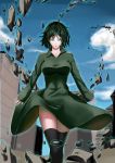  1girl absurdres black_legwear blue_sky breasts clouds debris er_ci_gudu fubuki_(one-punch_man) green_eyes green_hair green_legwear highres large_breasts legs looking_at_viewer one-punch_man parted_lips rubble sky solo thigh-highs thighs 