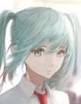  1girl aqua_hair bangs blurry blurry_background commentary expressionless grey_eyes hair_between_eyes hatsune_miku highres long_hair looking_at_viewer necktie ojay_tkym portrait red_neckwear shirt sidelighting solo twintails vocaloid white_shirt 