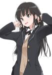  1girl amagami ayatsuji_tsukasa black_eyes black_hair black_jacket blush brown_cardigan ixy jacket long_hair long_sleeves looking_away open_clothes open_jacket open_mouth school_uniform simple_background smile solo white_background 