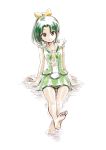  1girl adapted_costume arm_support barefoot bow brown_eyes closed_mouth collarbone cosplay cure_march cure_march_(cosplay) full_body green_hair green_neckwear green_shirt green_skirt hair_between_eyes hair_bow hair_intakes high_ponytail long_hair looking_at_viewer midorikawa_nao miniskirt niita pleated_skirt precure shirt simple_background sitting skirt sleeveless sleeveless_shirt smile smile_precure! soaking_feet soles solo white_background yellow_bow 
