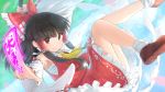  1girl armpits bare_legs bare_shoulders black_eyes black_hair bow cherry_blossom_print clouds detached_sleeves fighting_stance frilled_bow frilled_skirt frills gohei hair_bow hair_tubes hakurei_reimu hidden_star_in_four_seasons highres looking_at_viewer ofuda petals red_bow red_shirt red_skirt shirt shoes skirt skirt_set sky spring_(season) touhou wamu_(chartreuse) yellow_neckwear 