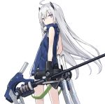  1girl ahoge bangs blue_jacket eyebrows_visible_through_hair from_behind gauntlets headgear holding holding_weapon jacket long_hair looking_at_viewer looking_back original poco_(asahi_age) shorts silver_hair sleeveless solo standing violet_eyes weapon white_background 