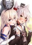  2girls amatsukaze_(kantai_collection) bangs blonde_hair blush breasts dress elbow_gloves garter_straps gloves grey_eyes hair_tubes hairband highres kantai_collection long_hair long_sleeves multiple_girls rensouhou-chan sailor_collar sailor_dress school_uniform serafuku shimakaze_(kantai_collection) silver_hair simple_background small_breasts smokestack_hair_ornament takanashi_kei_(hitsujikan) two_side_up white_gloves windsock 