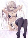  armpits arms_behind_head bangs bikini black_legwear breasts choker commentary curtains eyebrows_visible_through_hair fate/grand_order fate_(series) frilled_bikini frilled_choker frilled_garter frills haishiki highres jeanne_d&#039;arc_(alter)_(fate) jeanne_d&#039;arc_(fate)_(all) large_breasts long_hair maid_bikini medium_breasts silver_hair sitting swimsuit thigh-highs tsurime yellow_eyes 