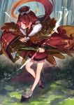  1girl absurdres armor bangs benienma_(fate/grand_order) blunt_bangs cape closed_mouth commentary_request eyes_visible_through_hair fate/grand_order fate_(series) feather_trim forest full_body fur-trimmed_cape fur_trim hat highres holding holding_sheath japanese_armor japanese_clothes katana kimono kote long_sleeves looking_at_viewer low_ponytail nature obi outdoors rahanachi red_eyes red_kimono redhead sash sheath sheathed short_kimono standing sword tabi tied_hair weapon wide_sleeves zouri 