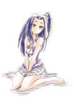  1girl adapted_costume barefoot between_legs blue_hair collarbone cosplay cure_beat cure_beat_(cosplay) full_body hair_intakes hair_ornament hair_scrunchie hand_between_legs high_ponytail kurokawa_eren layered_skirt long_hair miniskirt niita one_side_up open_mouth precure purple_shirt scrunchie shiny shiny_hair shirt simple_background sitting sketch skirt sleeveless sleeveless_shirt solo suite_precure very_long_hair wariza wet white_background white_skirt yellow_eyes yellow_scrunchie 