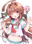  5girls ahoge aqua_sailor_collar brown_eyes brown_hair chibi commentary_request fang highres huge_ahoge kantai_collection kiso_(kantai_collection) kitakami_(kantai_collection) kuma_(kantai_collection) long_hair looking_at_viewer masayo_(gin_no_ame) midriff multiple_girls one_eye_closed ooi_(kantai_collection) open_mouth red_eyes remodel_(kantai_collection) school_uniform serafuku short_sleeves shorts simple_background skin_fang smile solo_focus tama_(kantai_collection) white_background white_shorts 