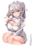  1girl alternate_costume bare_legs breasts cleavage_cutout cropped_legs dress ebifurya grey_eyes grey_sweater head_tilt heart highres kantai_collection kashima_(kantai_collection) large_breasts lifted_by_self lips long_hair long_sleeves looking_at_viewer meme_attire open-chest_sweater parted_lips ribbed_sweater sidelocks silver_hair solo spoken_heart sweater sweater_dress tsurime turtleneck turtleneck_sweater twintails twitter_username wavy_hair white_background 