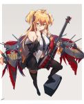  1girl absurdres admiral_hipper_(azur_lane) admiral_hipper_(muse)_(azur_lane) ahoge azur_lane bangs bare_shoulders black_legwear black_neckwear black_skirt blonde_hair breasts commentary_request fingerless_gloves from_above gloves green_eyes guitar hair_between_eyes highres huge_filesize instrument long_hair looking_at_viewer medium_breasts miniskirt mole mole_under_eye navel necktie pleated_skirt shirt simple_background single_glove skirt sleeveless sleeveless_shirt solo thigh-highs tongue tongue_out two_side_up white_background white_shirt yossui 