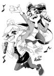  +_+ 2girls aori_(splatoon) arm_up chinese_commentary cross-laced_footwear dress earrings eighth_note eyebrows_visible_through_hair fangs floating highres holding holding_microphone hotaru_(splatoon) jacket jewelry leg_up legs_up long_hair long_sleeves looking_at_viewer madaga_(animaofmoon) microphone multiple_girls music musical_note open_clothes open_jacket open_mouth pantyhose pointy_ears sharp_teeth shirt shoes short_dress short_hair short_shorts shorts signature singing sleeves_rolled_up smile sneakers splatoon_(series) teeth tentacle_hair twitter_username very_long_hair zipper 