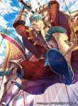  1boy armored_boots arrow axe blue_eyes blue_hair boots caspar_von_bergliez clouds fingerless_gloves fire_emblem fire_emblem:_three_houses fire_emblem_cipher gloves official_art sky solo teeth yoneko_okome 