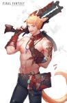  1boy abs absurdres ammunition animal_ears arm_tattoo bare_shoulders bead_necklace beads blonde_hair blue_eyes bullet cat_ears cat_tail chest copyright_name detached_collar fangs final_fantasy final_fantasy_xiv fingerless_gloves gloves gun hajun_(hey_sangha) hands_up highres holding holding_gun holding_weapon index_finger_raised jewelry looking_at_viewer machinist_(final_fantasy) male_focus miqo&#039;te navel necklace nipples pants rifle shell_casing shirtless short_hair smile smoke solo stomach sweat tail tattoo toned watermark weapon web_address 