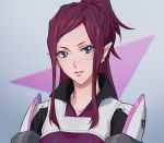  1girl absurdres bangs blue_eyes earrings grey_background high_ponytail highres jewelry long_hair looking_at_viewer macross macross_delta mirage_farina_jenius mosako parted_bangs parted_lips pilot_suit portrait redhead solo 