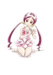  1girl adapted_costume bangs barefoot bow bowtie closed_mouth collarbone cosplay cure_blossom cure_blossom_(cosplay) dress floating_hair full_body hanasaki_tsubomi head_tilt heartcatch_precure! kneeling layered_dress long_hair looking_at_viewer niita parted_bangs pink_dress precure red_bow red_eyes red_neckwear redhead shiny shiny_hair short_dress simple_background sketch sleeveless sleeveless_dress smile solo very_long_hair wet white_background 