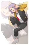  :o adjusting_eyewear androgynous black_pants full_body glasses hand_up highres jacket kanata_no_astra knee_up komiya_harumoto long_sleeves luca_esposito pants purple_hair shirt short_hair sitting torn_clothes torn_pants white_footwear white_shirt zoom_layer 