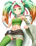  1girl :&lt; abs armlet armpits ass_visible_through_thighs bare_shoulders belt belt_pouch breasts clenched_hands commentary_request cowboy_shot detached_sleeves duel_monster fur gradient_hair green_eyes green_hair green_legwear green_skirt hair_ribbon hairband long_hair looking_at_viewer medallion midriff miniskirt multicolored_hair navel orange_hair pataniito pouch red_headwear reeze_whirlwind_of_gusto ribbon scarf single_detached_sleeve skirt small_breasts solo strapless symbol-shaped_pupils thigh-highs tubetop twintails v-shaped_eyebrows white_background wide_sleeves yuu-gi-ou zettai_ryouiki 