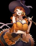 1girl :d artist_request black_background bow bracelet breasts dress halloween hat hat_bow huge_breasts jewelry long_hair nami_(one_piece) necklace one_piece open_mouth orange_dress orange_eyes orange_hair pendant pinky_out pumpkin scepter simple_background smile solo source_request witch_hat 